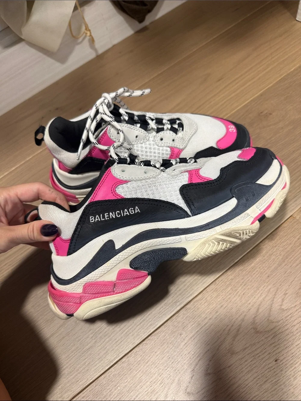 Balenciaga Women's Triple S Sneakers in White, Black & Pink